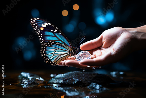 Soft hands cradle a delicate butterfly, showcasing the fragility, trust and beauty of the present moment photo