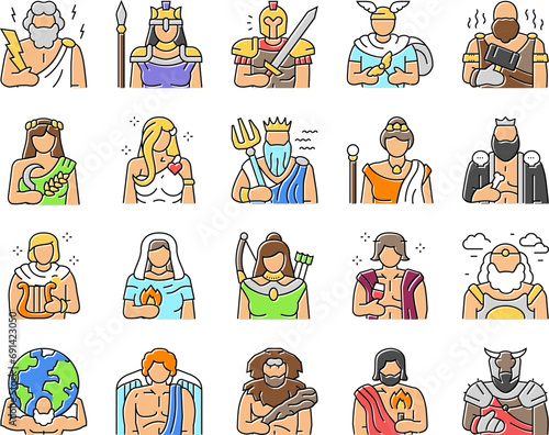 greek god mythology ancient icons set vector. goddess art, antique poseidon, gods zeus, greece dionysus, aphrodite athena, apollo greek god mythology ancient color line illustrations