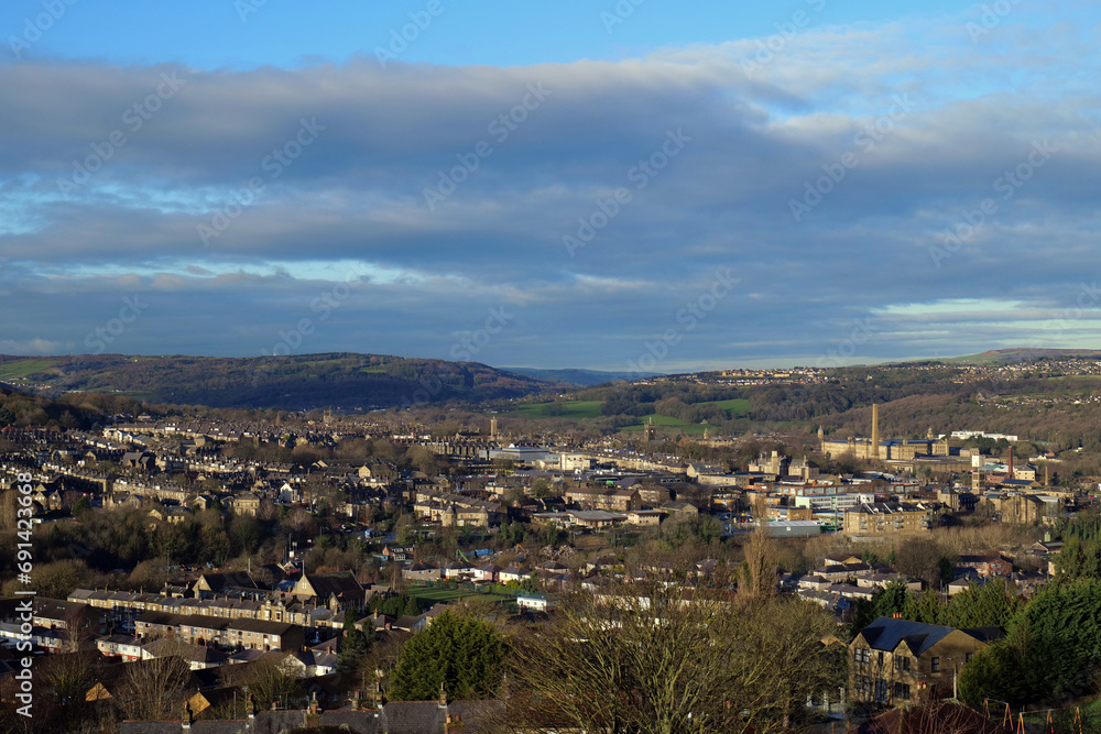 View looking down on Shipley and Saltaire in West Yorkshire on a sunny winter's morning. Two of the outlying regions in Bradford.