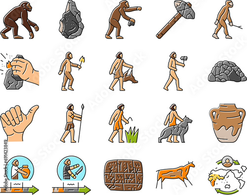 human evolution man caveman icons set vector. monkey evolve, ape darwin, theory computer, history homo, anthropology human evolution man caveman color line illustrations