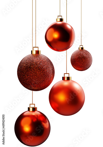 Red Christmas balls hanging on gold strings 3d render illustration. Christmas decorations.