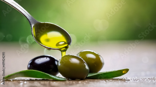 Delizia Mediterranea- Dettaglio di Ramo di Olive con Gocce di Olio in Cucchiaio su Sfondo Verde
