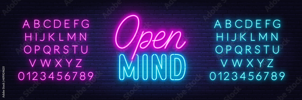 Open Mind neon lettering on brick wall background. Open Mind neon lettering on brick wall background.
