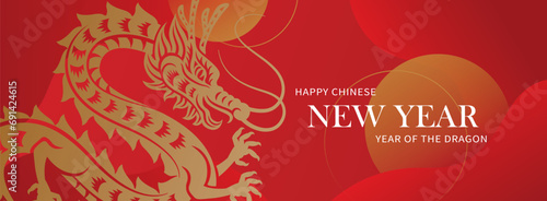 Happy Chinese new year banner with dragon on red background. Vector illustration for posters, flyers, greeting cards, banner, invitation. photo