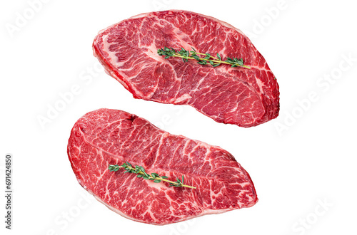 Raw Shoulder Top Blade cut, or Australia wagyu oyster blade beef steak.  Transparent background. Isolated.