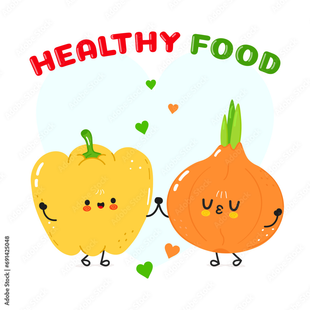 Bell pepper and onion card. Vector hand drawn doodle style cartoon character illustration icon design. Happy Bell pepper and onion friends concept card Bell pepper and onion card. Vector hand drawn doodle style cartoon character illustration icon design. Happy Bell pepper and onion friends concept card