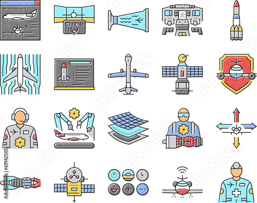 aeronautical engineer aircraft icons set vector. transportation aviation, plane mechanical, engine industry, mechanic turbine aeronautical engineer aircraft color line illustrations