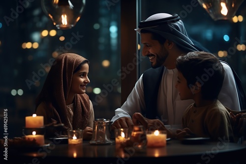 Islamic father with his son and daughter lighting lamps, Ramadan celebrations.