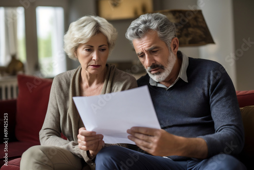 Worried mid adult couple reading documents consider mortgage loan insurance contract terms at home photo