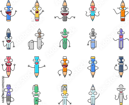 pen character pencil school icons set vector. happy smile, education cute, funny study, mascot face, colorful write, stationery pen character pencil school color line illustrations