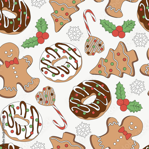 Christmas gingerbread cookies donuts candy cane holly berry vector seamless pattern. Xmas holiday festive season treats sweets snacks food background.