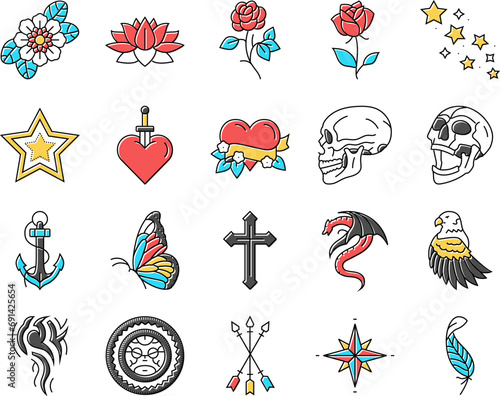 tattoo art rose vintage style icons set vector. flower retro, drawing ink, old traditional, american anchor, skull woman tattoo art rose vintage style color line illustrations