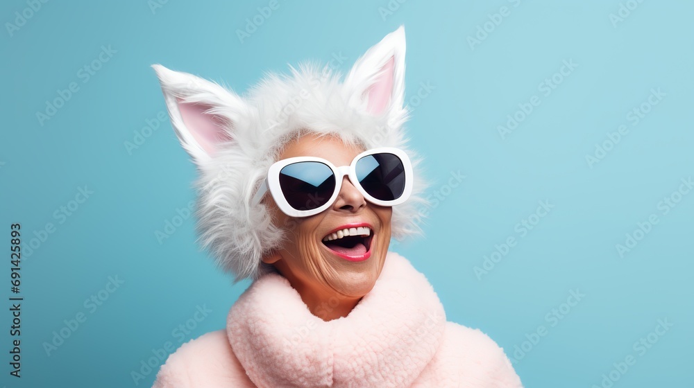 Happy Mature Woman in a Bunny Suit and Sunglasses with Space for Copy
