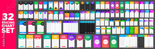 big 32 mega collection of UI UX mobile app pricing chart table Subscription design or website Pricing chart table design template. Product Plan Offer Price Package Subscription Comparison Chart bundle
