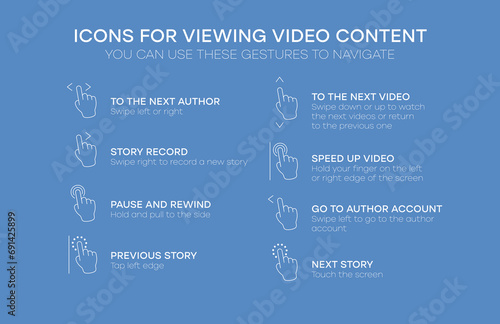 Touch screen navigation icons. Icons for viewing video content. Can use these gestures to navigate for viewing video content. Vector illustration