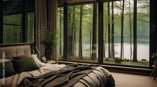 Inside view bedroom of a house in forest, house has curtain, big window overlooking, From the window there is a view of lake, trees, The scene outside the window is in green tones, high quality,