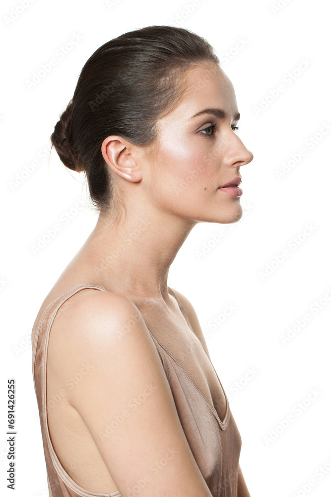 Profile of spa model woman with clean shiny fresh skin after bath. Skin care, facial treatment, cosmetology and enjoying beauty concept Profile of spa model woman with clean shiny fresh skin after bath. Skin care, facial treatment, cosmetology and enjoying beauty concept