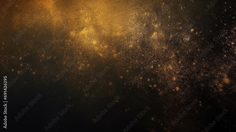 Black grainy gradient background, abstract golden blurred dark texture.