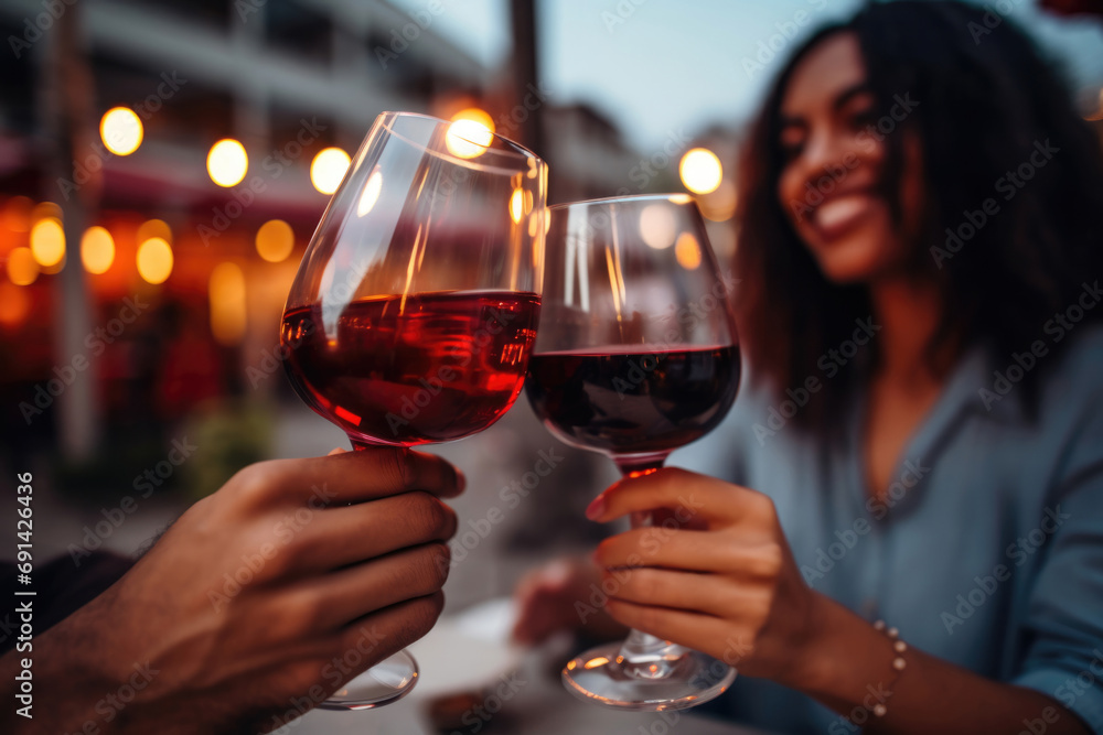 Close up of couple clinking glasses of red wine while having romantic date at restaurant, celebrating valentine' s day. Close up of male and female hands of lovers rising for a celebratory toast  - obrazy, fototapety, plakaty 