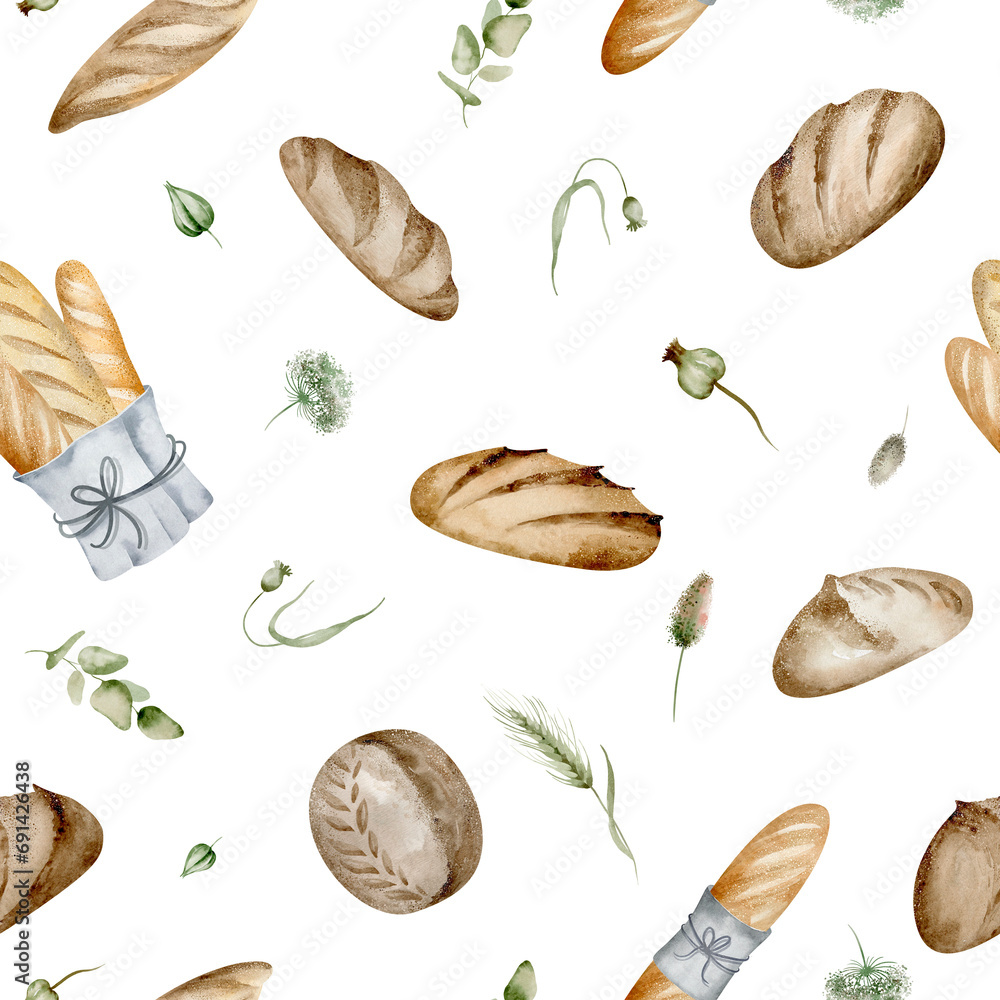 Baking seamless pattern. Hand drawn watercolor bread. Picnic food on a white background. French baguette and loaf with plants. Packaging design for bakeries and farms. Baking seamless pattern. Hand drawn watercolor bread. Picnic food on a white background. French baguette and loaf with plants. Packaging design for bakeries and farms.