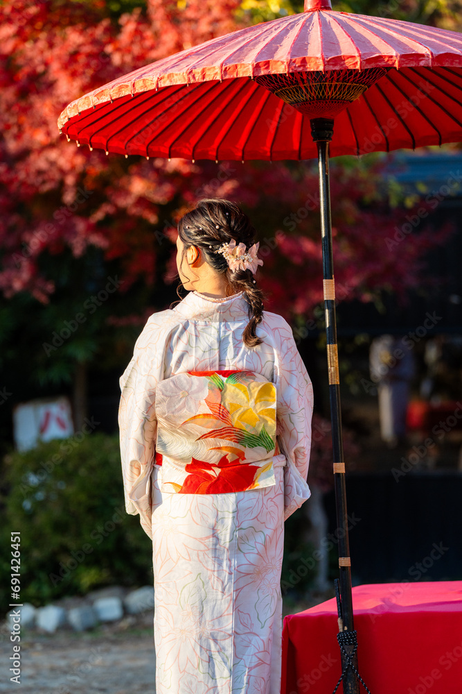 Japanese Kimono Portrait back view photography. Kyoto, Japan. Fall foliage background. Maple leaves turning red in the autumn season.