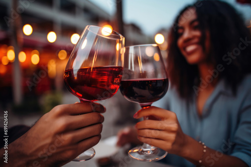 Close up of couple clinking glasses of red wine while having romantic date at restaurant, celebrating valentine' s day. Close up of male and female hands of lovers rising for a celebratory toast  photo