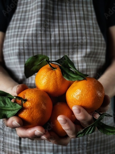 Person in rusric apron holding Tangerine in hand. Juicy Mandarine with green leaves in woman Hands. Vertical Rustic photo for menu cover, market banner, poster. Extoic citrus for social media. photo