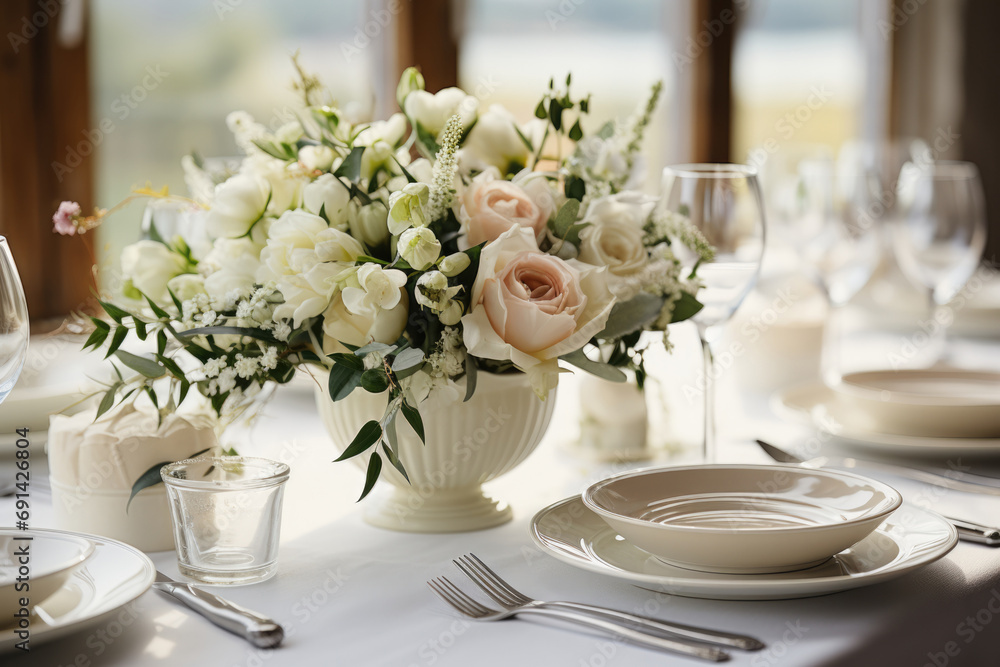 Refined Wedding Table Decor with Flower Centerpieces and Utensils Refined Wedding Table Decor with Flower Centerpieces and Utensils