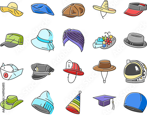 hat cap female fashion icons set vector. panama accessory, colorful trendy, stylish head, clothing design, classic woman hat cap female fashion color line illustrations