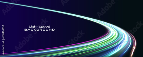 Racing cars dynamic flash effects city road with long exposure. Neon color glowing lines background, high-speed light trails effect. Beautiful glow light flare and spark. 