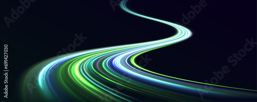 Acceleration speed motion on night road. Laser beams luminous abstract sparkling isolated on a transparent background. Magic moving fast speed police lines.	 photo