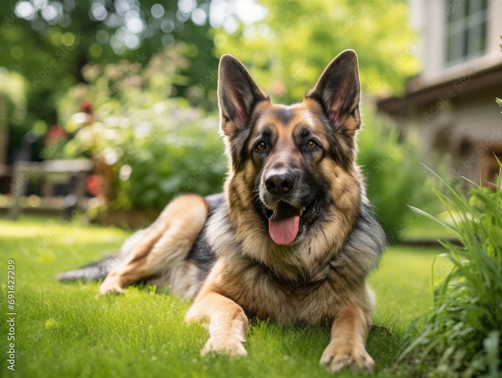 Alert Senior Dog - Best Canine Companion in Backyard with Vibrant Colours and a Smiling Face