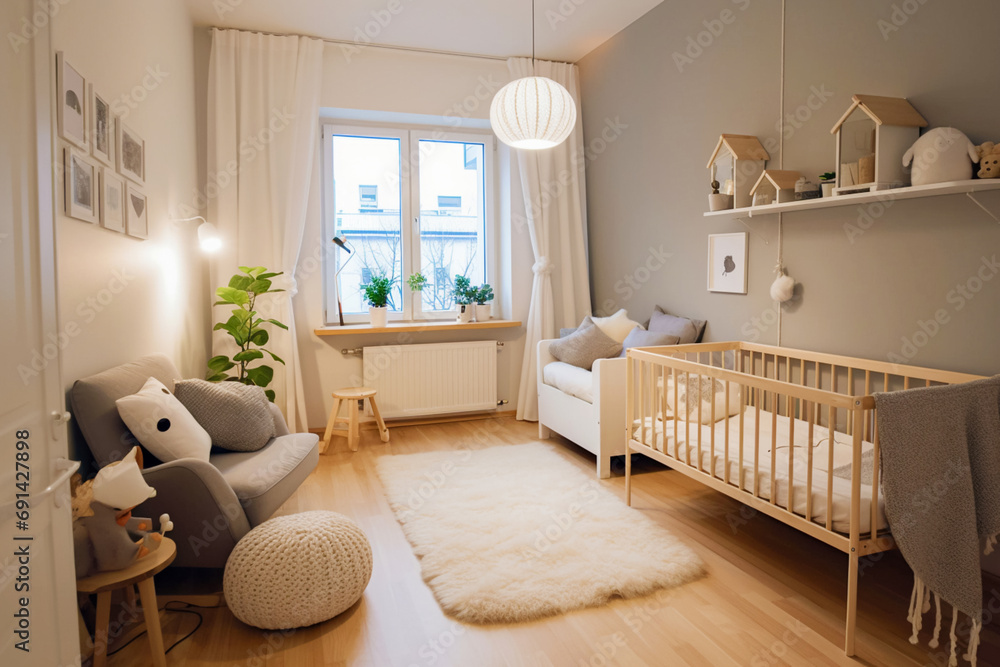 The modernist interior of the children's room in the spirit of Scandinavia, including a cozy crib and bright colors, creates a harmonious and cozy atmosphere for the baby.