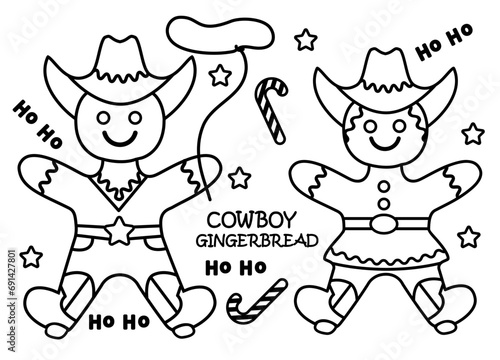 Cowboy Christmas gingerbread cookies vector clipart illustration isolated on white for coloring. Christmas gingerbread cowgirl and cowboy Howdy Western Xmas baked cookies.