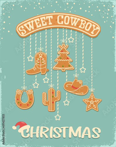 Cowboy vintage Christmas card with hanging christmas gingerbread cookies western style. Vector sweet biscuits on holiday snow blue background with text and decorations.