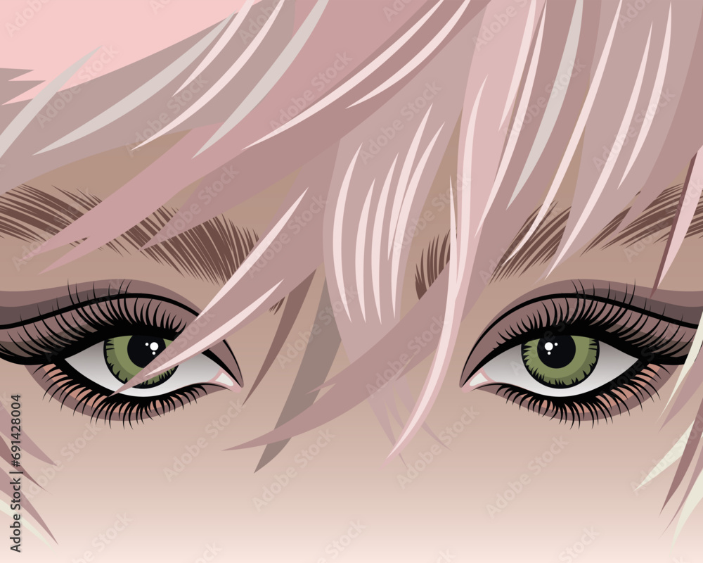 Fototapeta premium Portrait of a beautiful girl, face, art aesthetics poster. Female eyes and hair. Beauty concept. Illustration, vector