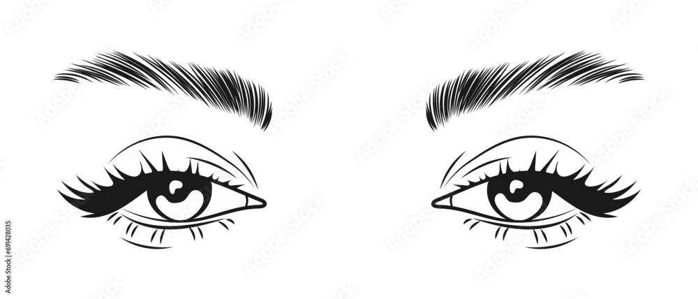 Female eyes with long eyelashes and eyebrows. Female languid look. Beauty logo, illustration, vector