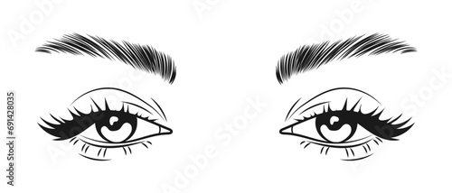 Female eyes with long eyelashes and eyebrows. Female languid look. Beauty logo, illustration, vector