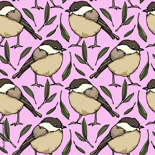 Vector seamless pattern with hand drawn cute Willow Tits with graceful green leaves on pink background. Ink drawing, beautiful animal design elements. Perfect for prints and patterns