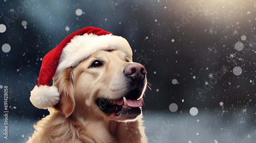 Cute Christmas dog with red Santa hat in snow falling sky scene space for text. Generated AI