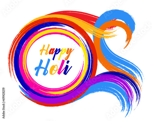 Happy Holi, the spring festival of colors in India. Abstract colorful strokes with grunge texture brush and congratulatory text. Banner, postcard, vector