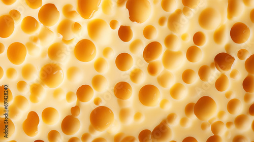 Close-up of cheese slice structure with holes. Food background. Generative AI
