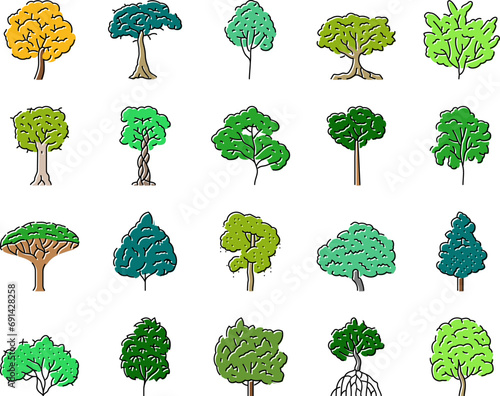 rainforest jungle amazon nature icons set vector. forest landscape, brazil tree, green asia, environment river, beautiful wild foliage rainforest jungle amazon nature color line illustrations