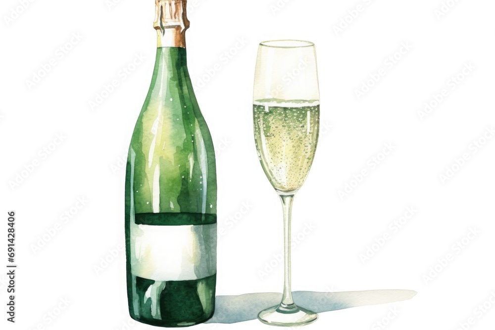 green and gold, drawn watercolor champagne bottle and glass on white background. Christmas and New Year. holiday party green and gold, drawn watercolor champagne bottle and glass on white background. Christmas and New Year. holiday party