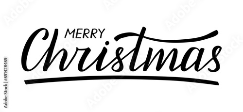 Merry Christmas. Hand lettering. Modern brush ink calligraphy. Beautiful handwritten word with thin and thick lines. Black text isolated on white background. Greeting card. Vector.