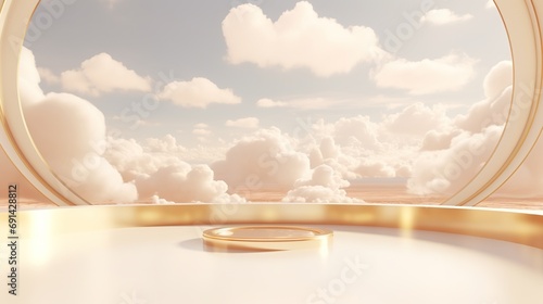 Generative AI, White and golden fantastic 3d clouds in the room interior, sky and landscape. Gentle colors and with bright lights.   © DELstudio