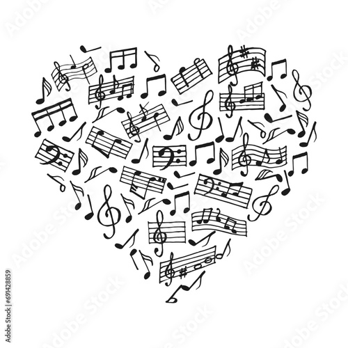 Heart made of musical notes and treble clefs. Print, illustration, vector