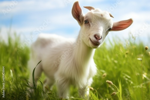A lonely white goat standing on a grassy field 