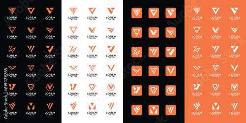Set of abstract letter V , with orange color style, icons for all businesses photo