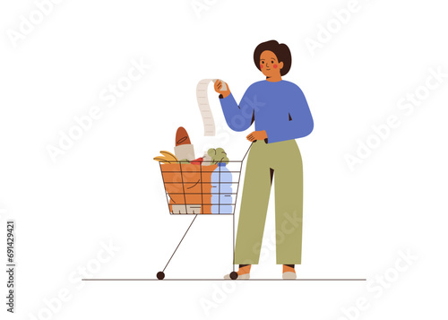 Woman checking amount in grocery receipt. Female stands near shopping cart full of foods and reads paper bill. Mindfulnesses consumer in supermarket and accounting for food and drink expenses. Vector